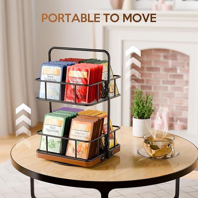 Rotating Tea Bag Organizer – 2 Tier 8 Basket 360° Spinning Teabag Holder Organizer, Acacia Wood Iron Countertop Tea Accessories Rack Holds 100+ Tea Bags, Decorative Kitchen, Coffee Bar Organizer Gift