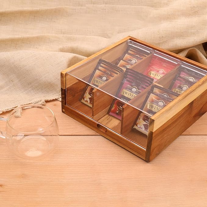 HTB Acacia Wood Tea Bag Organizer Storage, Gift Box 6 Compartments Tea Chest Box with Acrylic Transparent Hinged Lid