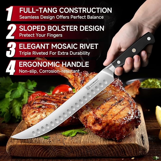 KEEMAKE Carving Knife Set - 12" Brisket Knife & 10" Butcher Knife & Boning Knife Set for Meat Ham Cutting Razor Sharp with Ergonomic Handle Full Tang Design