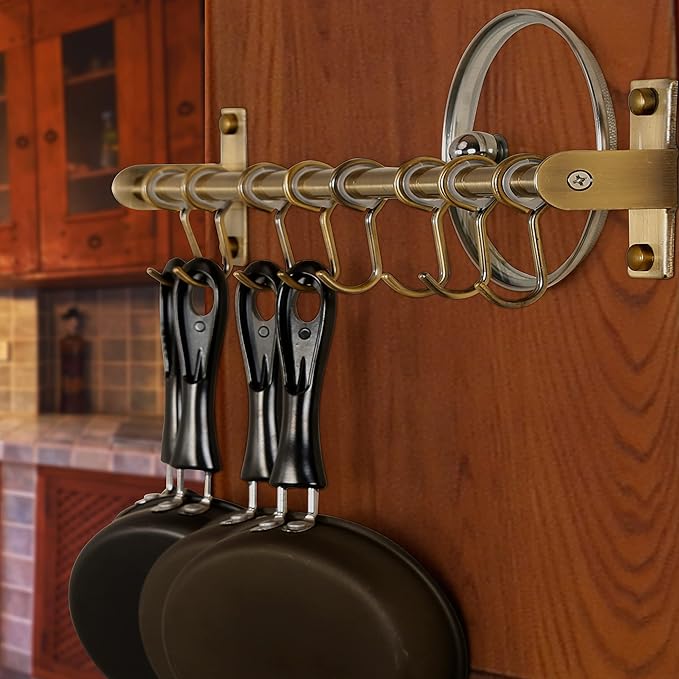 Dseap Kitchen Utensil Holder Hanger, Pot and Pan Rack Wall Mount, Kitchen Rail with 8 Hooks for Hanging Cooking Utensils, Mugs, Spoons, Wall Mounted, Stainless Steel, Bronze