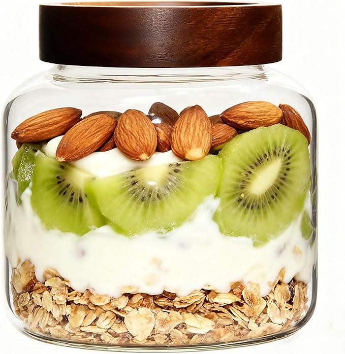 40 oz Glass Jars with Wooden Airtight Lid Herb Spice Canister Round Clear Glass Food Storage Container for Pantry Sugar Tea Coffee Bean Spice Cookies Bath Salts (1200ml/40oz-1 Pack)