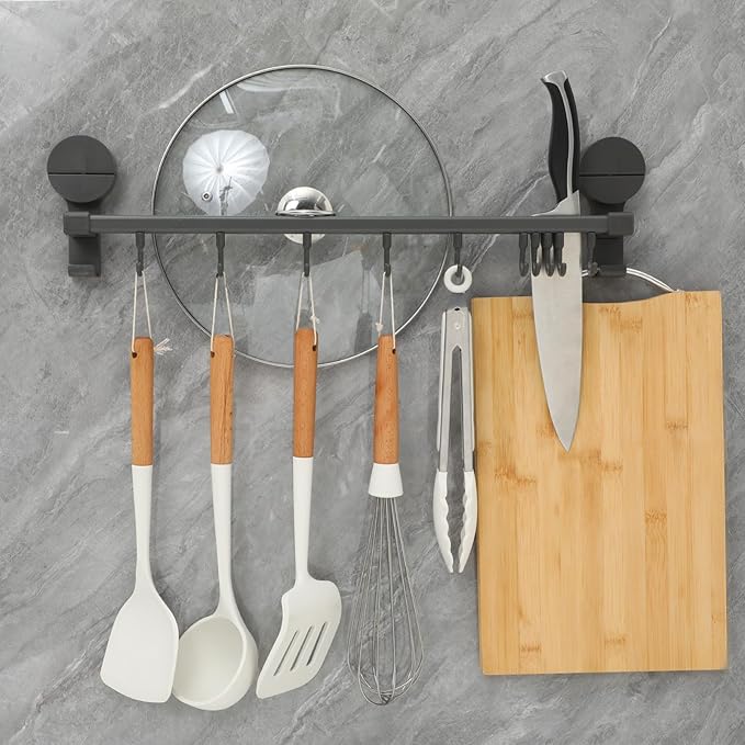 BESTOYARD Punchless Kitchen Utensil Hooks Wall Mount Rack with 10 Hooks, Adjustable Double Rod Organizer, Gray Suction Cup Holder for Cooking Tools and Measuring Cups