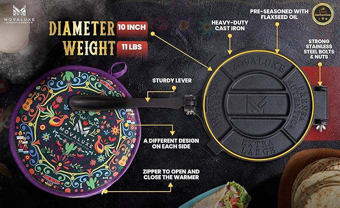 Movaluxe® Tortilla Press 10 Inch Cast Iron XL – Corn & Flour Roti Maker Machine Heavy Duty Tortillera Presser. With Parchment Paper, Warmer Pouch, Taco Holders, Rubber Mat & Digital Culinary Guide