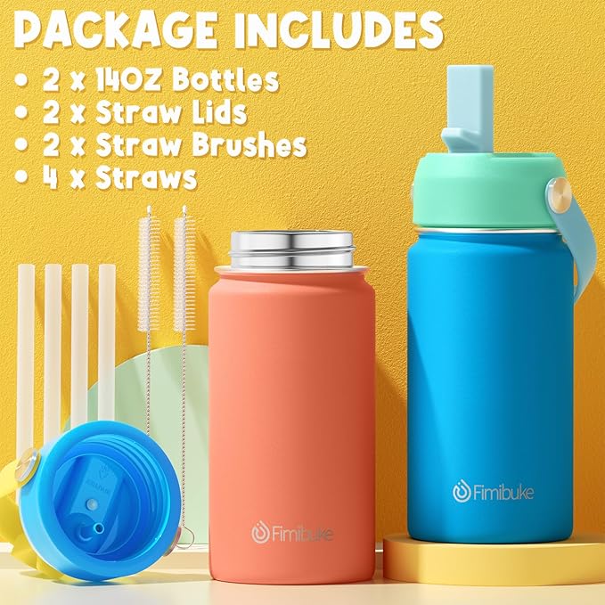 Fimibuke Kids Insulated Water Bottle, 14oz BPA FREE Double Wall Vacuum Tumbler 18/8 Stainless Steel Leak Proof Kids Cups with Straw Metal Water Bottle for School Boys Girls (2 Pack, Ocean Life)