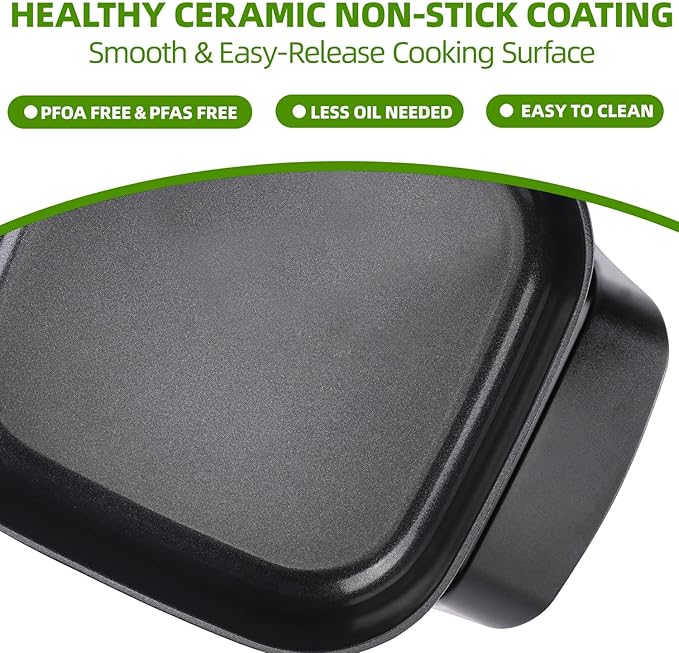 8" Electric Skillet with PFAS-Free Non-Stick Ceramic Coating, Removable Electric Frying Pan with Adjustable Temperature, Reversible Design, Tempered Glass Lid, Green