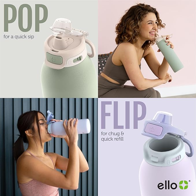 Ello Pop & Fill 40oz Stainless Steel Water Bottle with Quick Fill Technology, Double Walled and Vacuum Insulated Metal, Leak Proof Locking Lid, Sip and Chug, Reusable, BPA Free, Cherry Breeze
