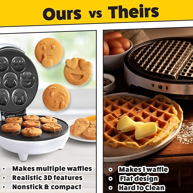 Mini Emojis Waffle Maker for Mother's Day Breakfast- Make 7 Unique Smiley Face Waffles Pancakes for Kids- Electric Non-Stick Iron Feat Kiss Face Heart Eyes & Smile w Recipe Guide- Licensed by Emoji