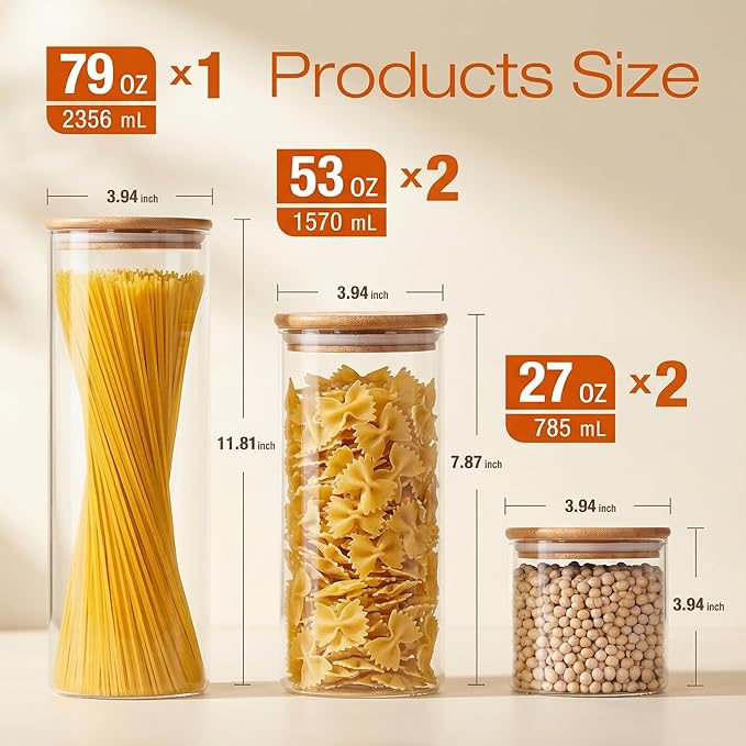 HomArtist Glass Jars with Bamboo Lids [Muti Size Set of 5], Glass Canisters with Airtight Lids, Glass Food Storage Containers for Pasta, Oats, Coffee, Flour, Sugar, Rice, Best for Kitchen & Pantry
