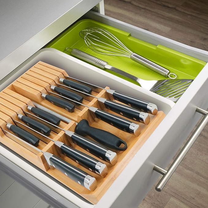 Utoplike in-Drawer Knife Block Bamboo Kitchen Knife Drawer Organizer, Handle Steak Knife Holder Without Knife, Fit for 12 Knives and 1 Sharpening Steel (Knives Not Included)