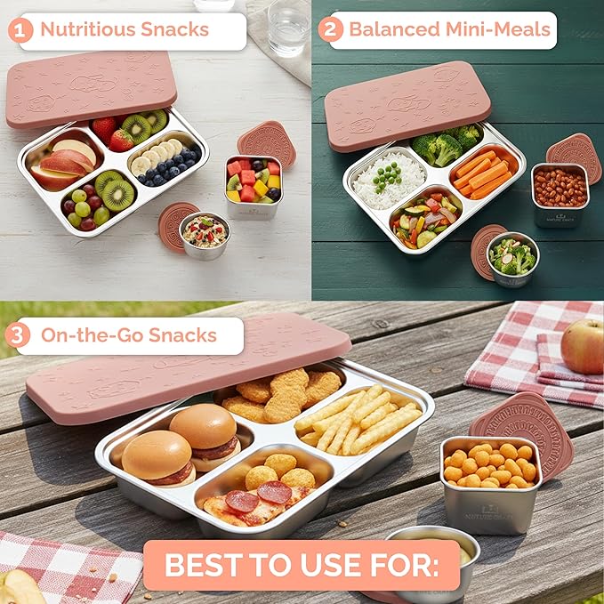 Stainless Steel Lunch Box for Kids 5 and Older – 3 Pieces Stainless Steel Bento Box with 4 Compartments & 2 Snack Containers – Leak Proof, BPA-Free, Eco-Friendly, Dishwasher Safe & Durable – Pink