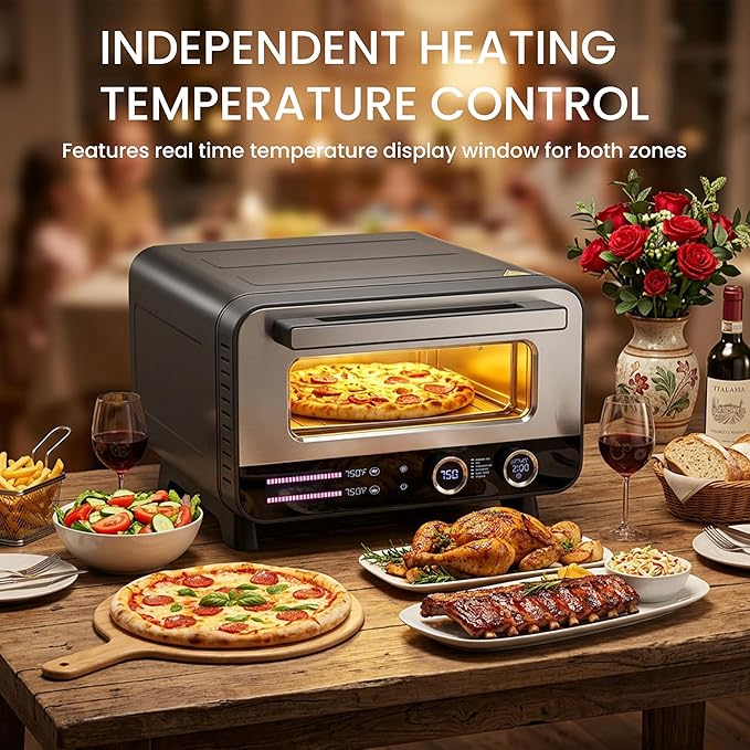 Simple Deluxe 1600W Indoor Electric Pizza Oven, 6 Cooking Modes for 12" Pizza, Fast Heating with Dual Independent Temp Control, Includes Pizza Stone & Spatula, Silver