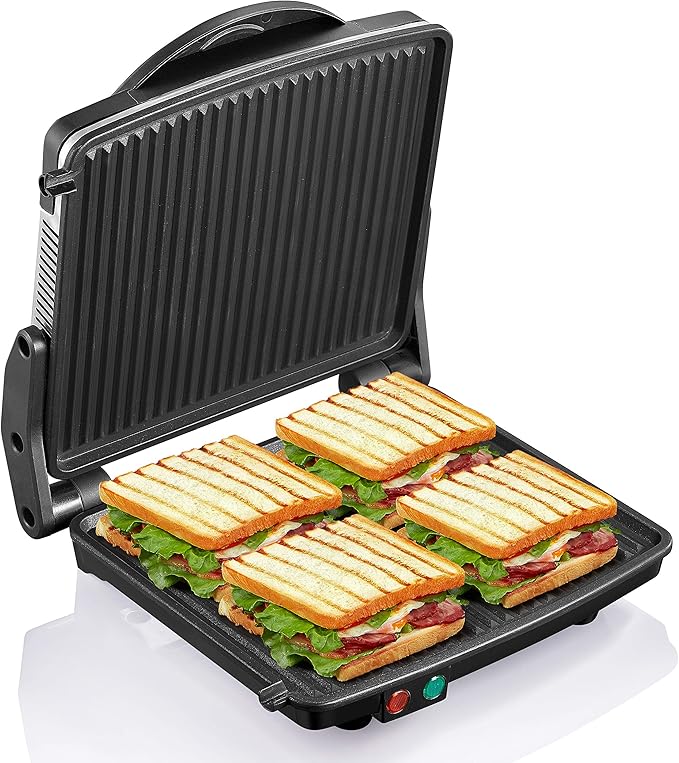 Panini Press Grill, Yabano Gourmet Sandwich Maker Non-Stick Coated Plates 11" x 9.8", Opens 180 Degrees to Fit Any Type or Size of Food, Stainless Steel Surface and Removable Drip Tray, 4 Slice