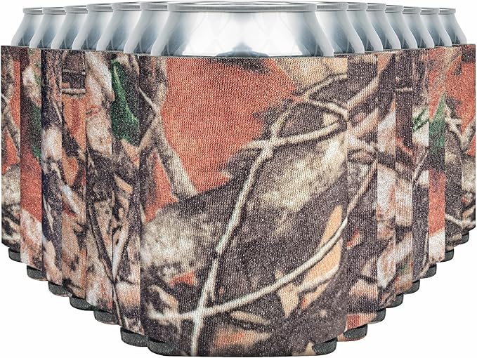 Blank Beer Can Coolers Sleeves (14-Pack) Insulated Beer Can Cooler Sleeves - HTV Friendly Plain Can Sleeves for Beer Cans & Bottles - Blanks for Vinyl Projects Wedding Favors & Gifts (Natural Camo)