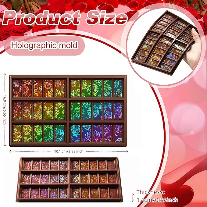 Ziliny Rose Holographic Chocolate Bar Mold Silicone, Rainbow Light Effect Chocolate Bar Deep Thick Molds for DIY Candy Dessert Baking, Candy, Wax Melts, Cake Decoration (Rectangle)
