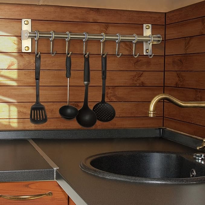 Dseap Kitchen Utensil Holder Hanger, Pot and Pan Rack Wall Mount, Kitchen Rail with 8 Hooks for Hanging Cooking Utensils, Mugs, Spoons, Wall Mounted, Stainless Steel, Bronze