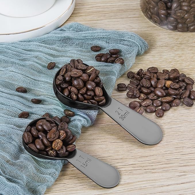Safring Stainless steel coffee scoop 2-piece set (1 tbsp, 2 tbsp) durable Tablespoon, ergonomic measuring spoon, Suitable for small and large jars，short-handled spoon (Black)