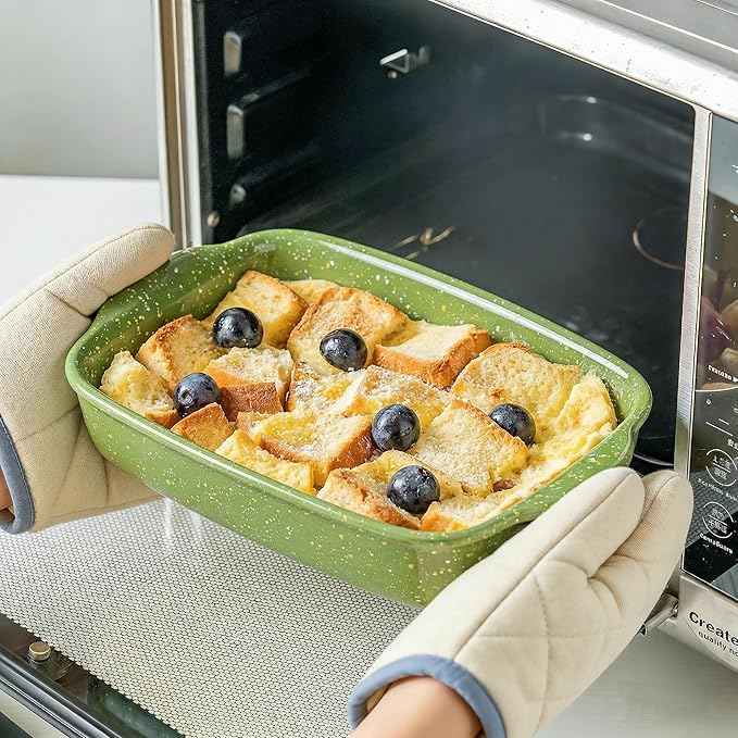 Ceramic Baking Dishes for Oven,Heavy Duty Bakeware Dish Set of 3, Rectangular Casserole,Lasagna Pan Deep,High Heat Resistant,Glazed Handcraft Speckle Series (13.8''/12''/9.6''Green)