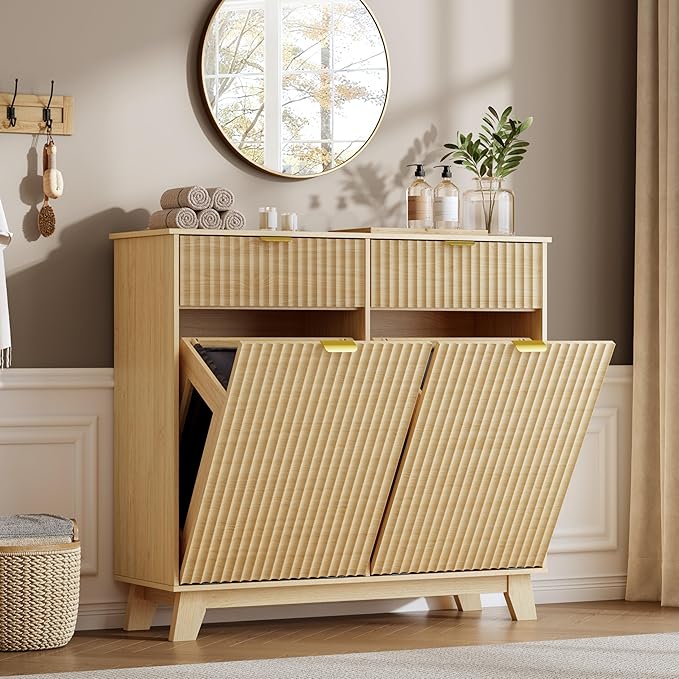 Double Tilt Out Laundry Hamper Cabinet, 20 Gallon Wooden Trash Can Cabinet with Drawers, Hidden Fluted Bathroom Storage Cabinet for Kitchen, Living Room (Natural Wood, 39.34"W x 35.83"H x 13"D)