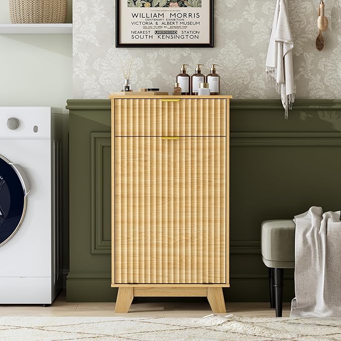 Modern Tilt Out Laundry Hamper Cabinet, 10 Gallon Wooden Trash Can Cabinet with Storage Drawer, Hidden Fluted Bathroom Storage Cabinet for Kitchen, Living Room (Natural Wood, 20.47"W x 35.83"H x 13"D)