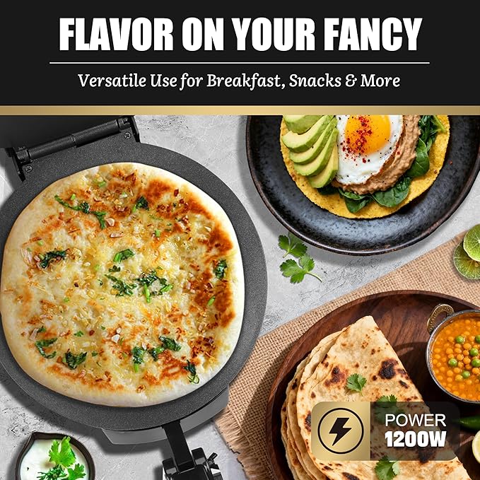 FineMade Compact 10'' Roti Maker Machine, Electric Tortilla Press with Detachable Handle, Prensa Para Tortillas,Chapati Maker Machine, Burrito Maker, Tortillera, Black