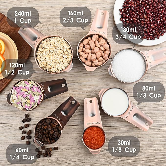 Copper Measuring Cups and Spoons Set, Stainless Steel Measuring Cups and Spoons Set, Metric & US 7 Measure Cup & 9 Long MeasureSpoon,1Leveler & 1Measure Equivalents for Kitchen & Baking