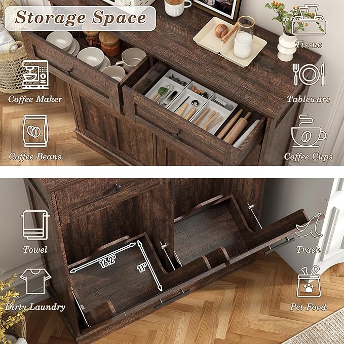 chartustriable 26 Gallon Double Tilt Out Trash Cabinet, Pet Proof Barn Door Garbage Can with 2 Drawers, Farmhouse Wood Laundry Hamper & Storage Basket, Kitchen, Rustic Brown