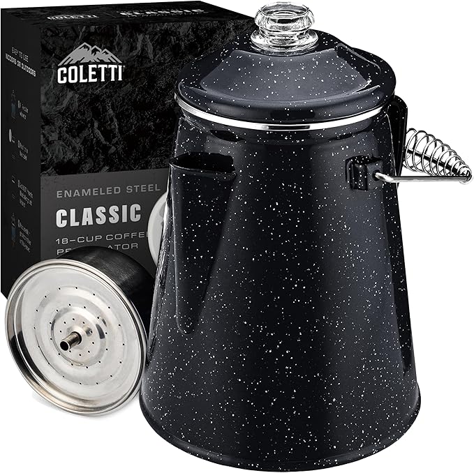 COLETTI Classic Percolator Coffee Pot — The Most Nostalgic Camping Coffee Pot, Now Modernized [Black Enamel, 18 Cup]