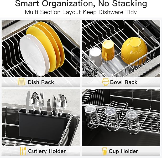 JASIWAY Dish Drying Rack in Sink, Expandable Stainless Steel Dish Drainers with Drainboard for Kitchen Counter, Space Saving Dish Dryer Rack, Over The Sink Dish Racks with Utensil Holder, Sliver