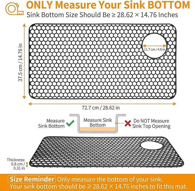 Silicone Sink Mat, 28.62"x 14.76" Heat-resistant Sink Protectors, Drying Mats for Kitchen of Bottom Farmhouse Porcelain Stainless Steel, Kitchen Accessory, Right & Left Drain（Grey）