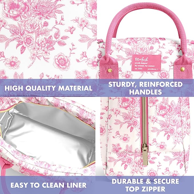 Fit & Fresh Bloomington Lunch Bag for Women - Insulated Large Lunch Box for Work with Containers, Leak-Resistant, Stain-Resistant, Zipper Closure, Pink Floral Toile