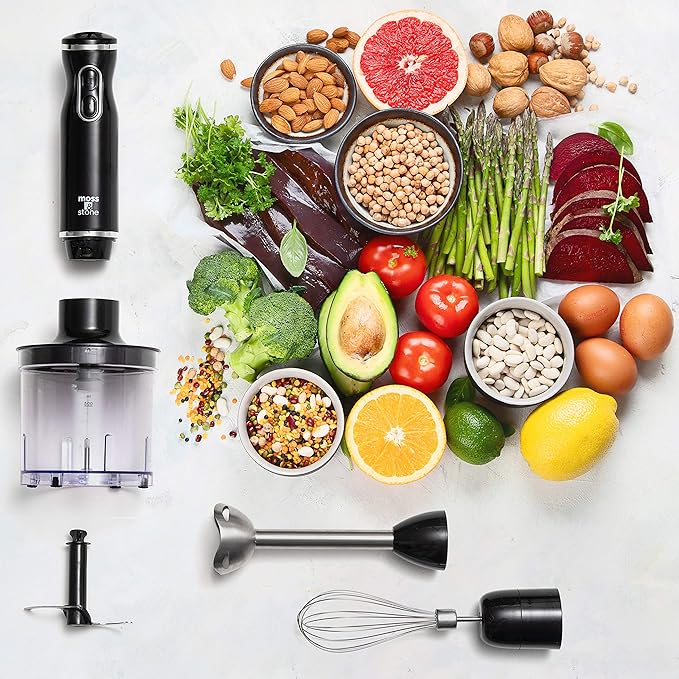 Moss & Stone Electric Hand Blender Set, 300W Immersion Hand Blender with Whisk and Chopper, Stainless Steel Shaft and Blades, 2-Speed Handheld Mixer with Ergonomic Grip, Black