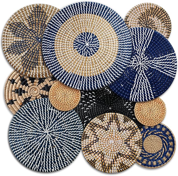 Tatuo 11 Pcs Boho Wall Basket Decor Bulrush Woven Wall Hanging Art Round Farmhouse Rustic Handmade Wicker for Summer Home, Bedroom, Living Room, Kitchen Decorations, Multi Sizes(Blue)