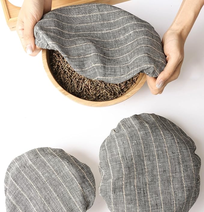 100% Linen Stripe Bowl Covers Reusable For Bread Proofing, 4 Pcs Elastic Cloth Fabric Bowl Covers, 5.9*7.9*9.8*11.8 Inches, Grey