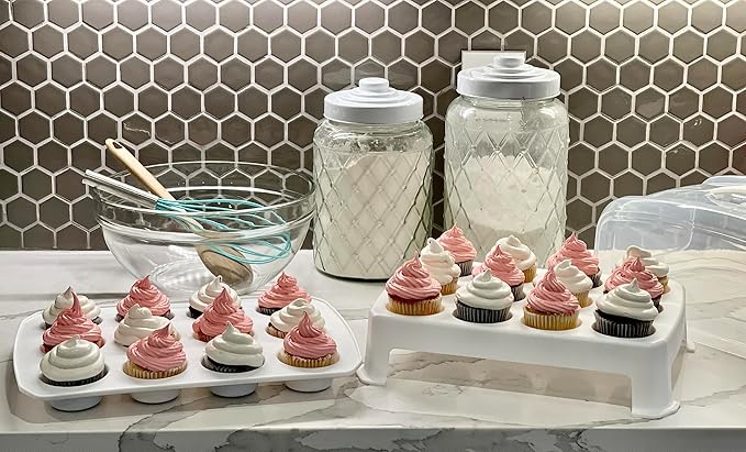 Top Shelf Elements Cupcake Carrier, EXTRA LARGE LID, White Cupcake Holder Carries 24 Standard-Size Cupcakes, Muffin Traveler Two Tier Stand Reusable Cupcake Box
