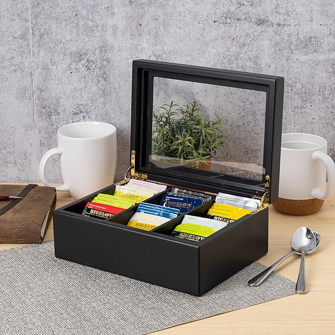 Break Tradition Wooden Tea Organizer For Tea Bags - 6 Compartments, Clear Top Window, Lid Stays Open (Black)